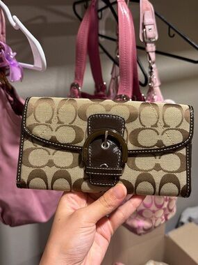Coach Signature Canvas Wallet in Khaki and Brown
